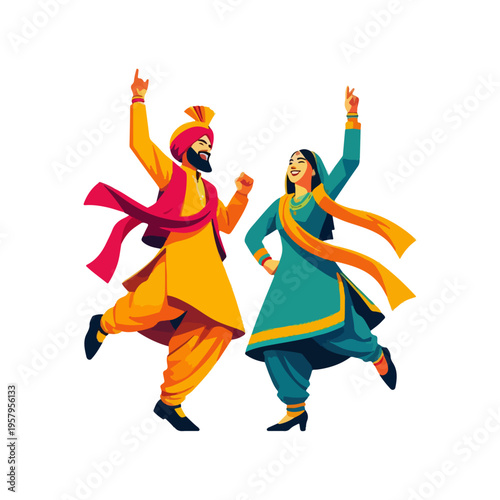 Two People Dancing for Baisakhi / Vaisakhi – Flat Geometric Vector Illustration
