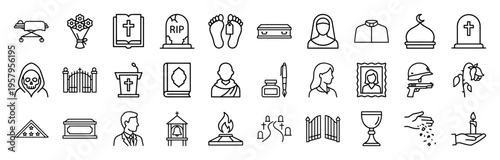 Funeral and Memorial Service Linear Icons Featuring Cemetery Headstones Mortuary Equipment and Religious Symbols in Minimalist Monoline Style