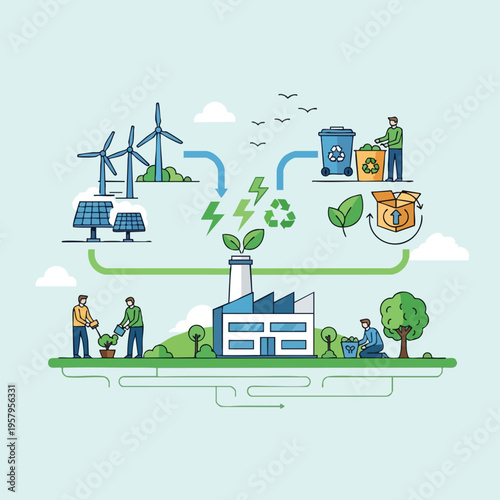 Illustration of sustainable practices with renewable energy, recycling, and planting