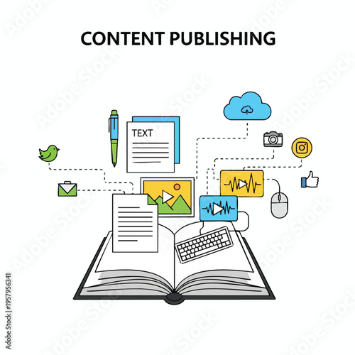 Open book with elements of digital content creation and sharing