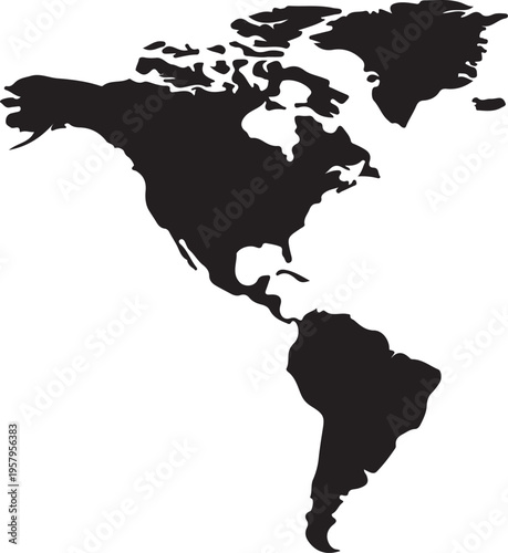 A minimalist black silhouette illustration of the north and south american continents on white