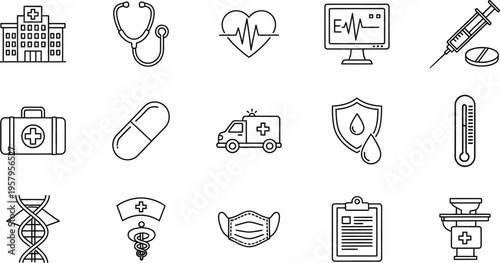 Medical Diagnostic Icon Set with MRI Scan Microscope DNA and Health Symbols