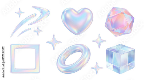 ホログラフィックな光沢と透明感のある3D幾何学図形とハート、星のセット。未来的なデザイン要素。