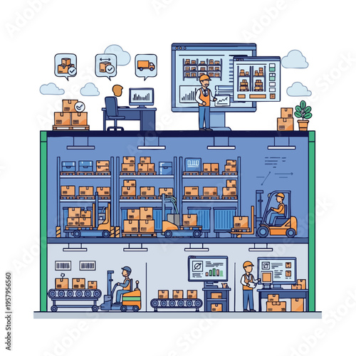 Warehouse with workers, forklifts, conveyor belts, shelves, and computer monitors