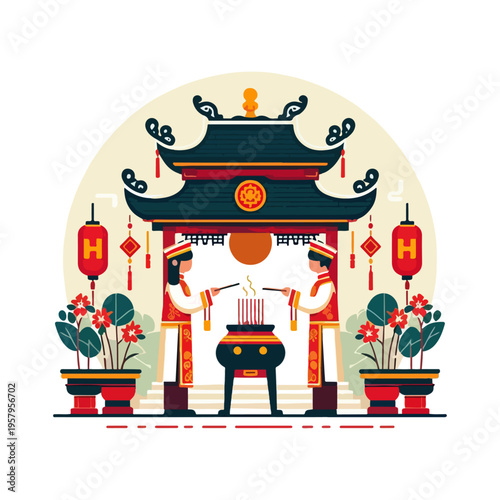 Vietnam Hung Kings Festival Ritual Scene with People Offering Incense – Flat Vector
