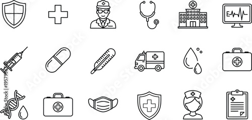 Medical Icon Set with MRI Scan ECG Monitor Microscope and Health Symbols