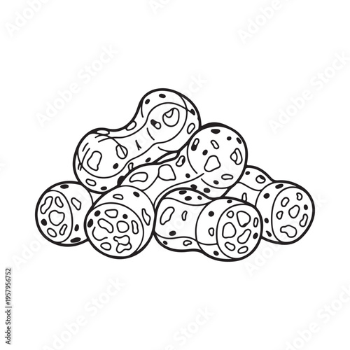 A black and white illustration of a pile of peanuts with spots on a white background  simple line drawing of legumes