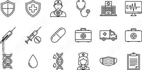Medical Equipment Icon Set with MRI Scanner Microscope and Heart Monitor