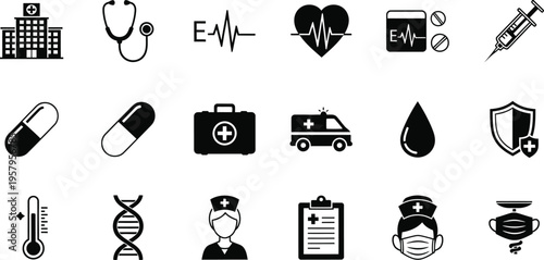 Medical Icon Set with MRI Scan Machine Microscope Syringe and DNA Symbols