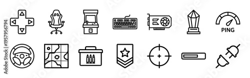 Esports and Online Gaming Minimalist Monoline Icon Set featuring Geometric Line Art for Digital Entertainment and Competitive Play Interfaces