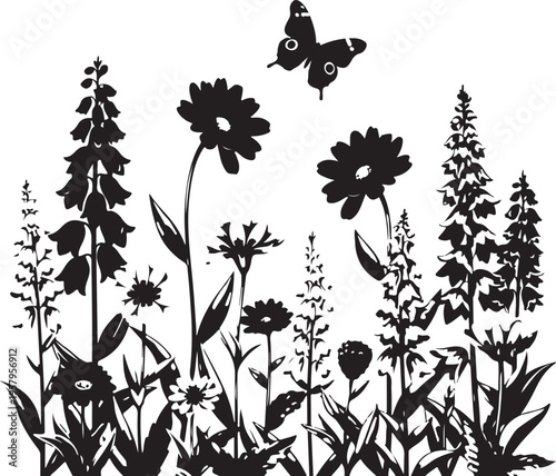 A beautiful black and white silhouette illustration featuring various wildflowers and a butterfly