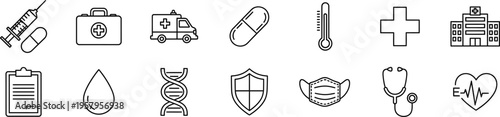 Medical Icon Set with Thermometer Hospital Building and Healthcare Symbols