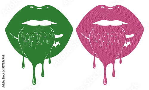 Vibrant lips with dripping liquid, symbolizing temptation and desire