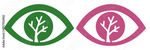 Two stylized eyes, one green and one pink, each containing a white tree silhouette, symbolizing vision and nature.