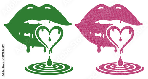 Two stylized lips with melting hearts dripping, symbolizing love and passion