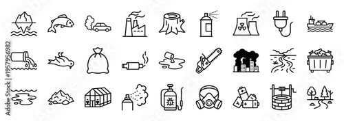 Environmental Pollution and Ecological Impact Minimalist Monoline Outline Icons for Sustainable Industry and Climate Change Awareness