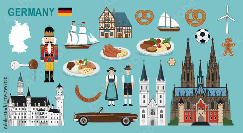 Germany Culture and Landmark Collection with Pretzels, Castles, Ships, and "Germany" Text in Fun Style