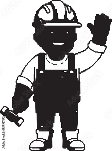 A black and white cartoon illustration of a construction worker waving his hand while holding tool