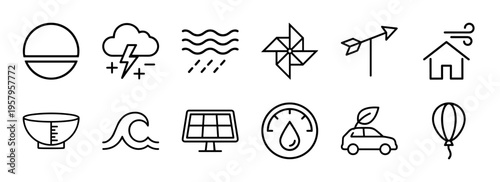 Meteorology and Atmospheric Science Minimalist Monoline Icon Set, Geometric Line Art for Weather Forecasting and Climate Monitoring