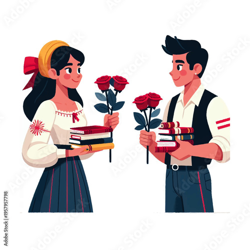 Minimalist Artwork of People Celebrating National Book Day in Spain