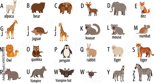 Alphabet Animal Collection with Alpaca, Bear, Tiger, Giraffe, and More in Fun Cartoon Style