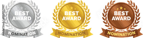 Set of 3 Best Award Nomination vector badges: gold, silver, and bronze laurel wreaths