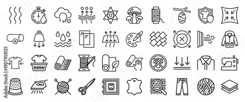 Textile Industry and Fabric Features Minimalist Monoline Icon Set for Commercial Garment Production and Material Science Specifications