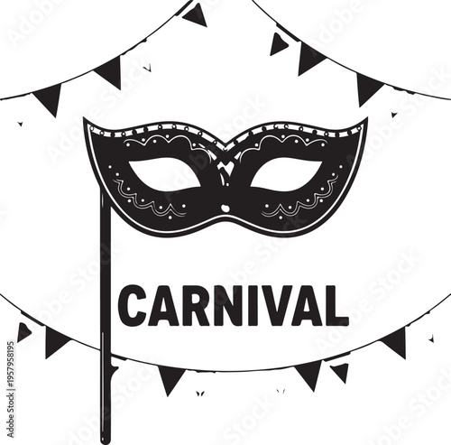 A festive black and white illustration featuring a masquerade mask and decorative party bunting