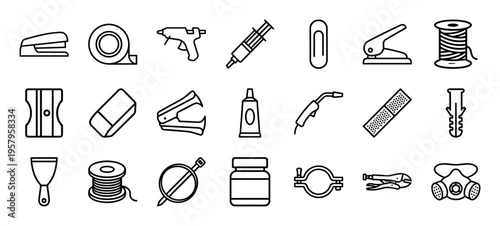 Adhesive and Stationery Craft Supplies Icon Set Featuring Minimalist Geometric Outlines and Modern Office Bonding Tool Symbols.