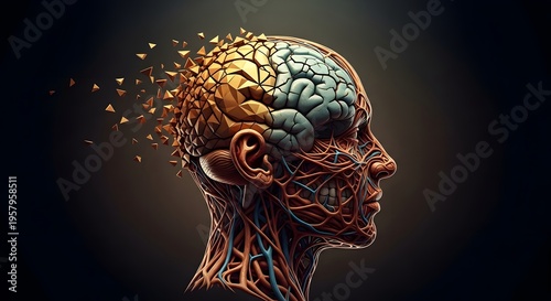 A 3d illustration of a human head with a brain and nerves exposed, with geometric shapes flying out of the brain, representing creativity and innovation