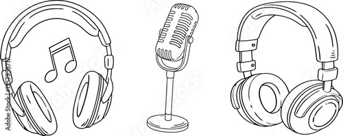 A sketch of a microphone and two pairs of headphones with music notes