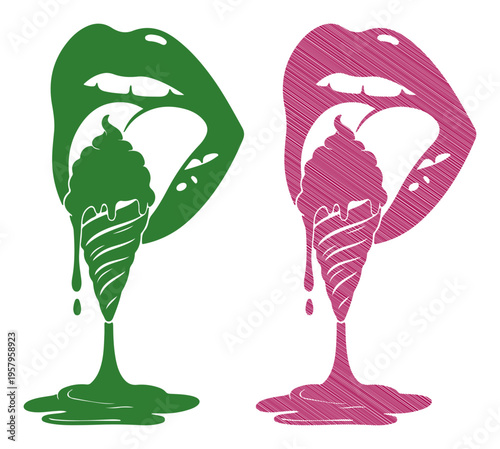 Vibrant lips enjoy melting ice cream cones, a sweet and colorful treat