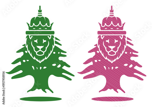 Stylized cedar tree with lion head and crown emblem in green and pink on white background