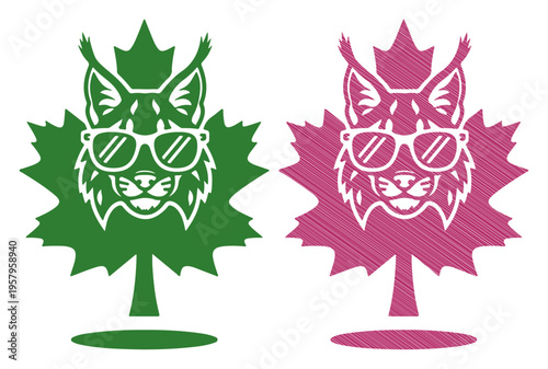 Cool lynx wearing sunglasses on a maple leaf, representing Canadian spirit.
