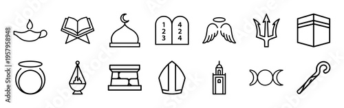 Universal Religious and Spiritual Symbols Minimalist Geometric Line Art Outline Set for Global Faith and Theological Education Design