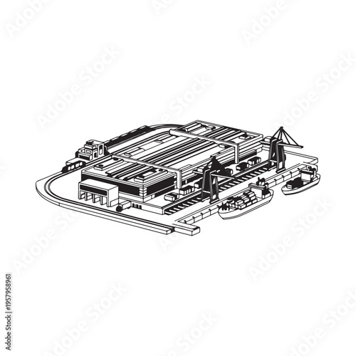Isometric illustration of a large industrial warehouse with train and cargo ship loading dock  industrial area with transportation infrastructure