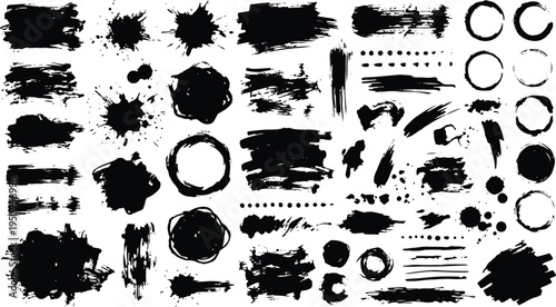 Collection of black ink brush strokes and splatters on white background for graphic design elements  various shapes and textures