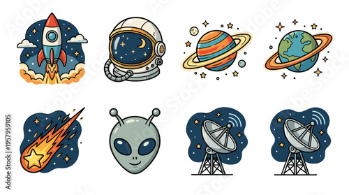 Collection of cartoon space elements including rocket, astronaut helmet and planets