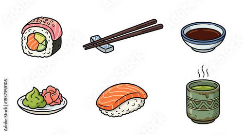 Japanese sushi meal with chopsticks, tea, and condiments