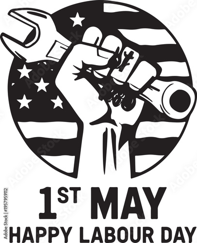 A black and white graphic illustration celebrating the first of may and international labour day