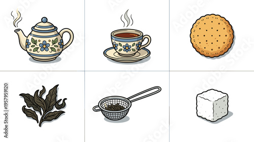 Assortment of elements for tea time, including teapot and tea leaves