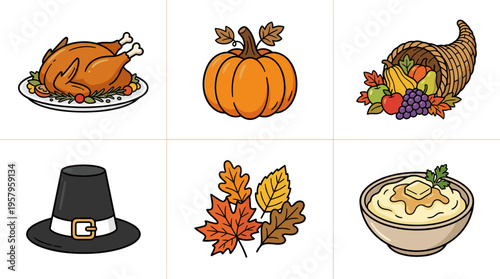 Collection of Thanksgiving holiday food and symbols