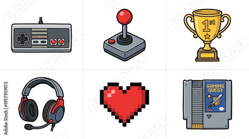 Retro gaming icons: controller, joystick, trophy, headset, heart, cartridge
