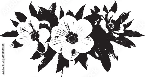 A high contrast black and white floral illustration featuring three stylized blossoms with leaves