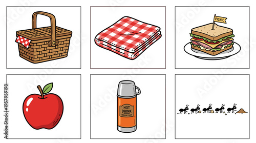 Picnic basket, blanket, sandwich, apple, thermos, and ants