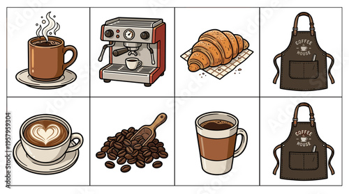 Collection of coffee shop elements with cups, croissant, and apron