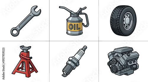 Set of car repair and maintenance tools and parts