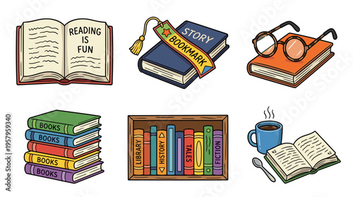 Collection of illustrated reading and book elements