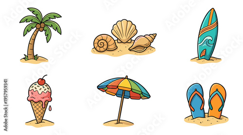 Collection of colorful cartoon beach elements on sand
