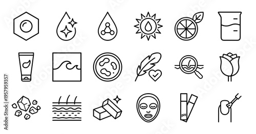 Dermatology Skincare Ingredients and Cosmetic Chemistry Minimalist Monoline Line Art for Professional Laboratory Beauty Packaging Design